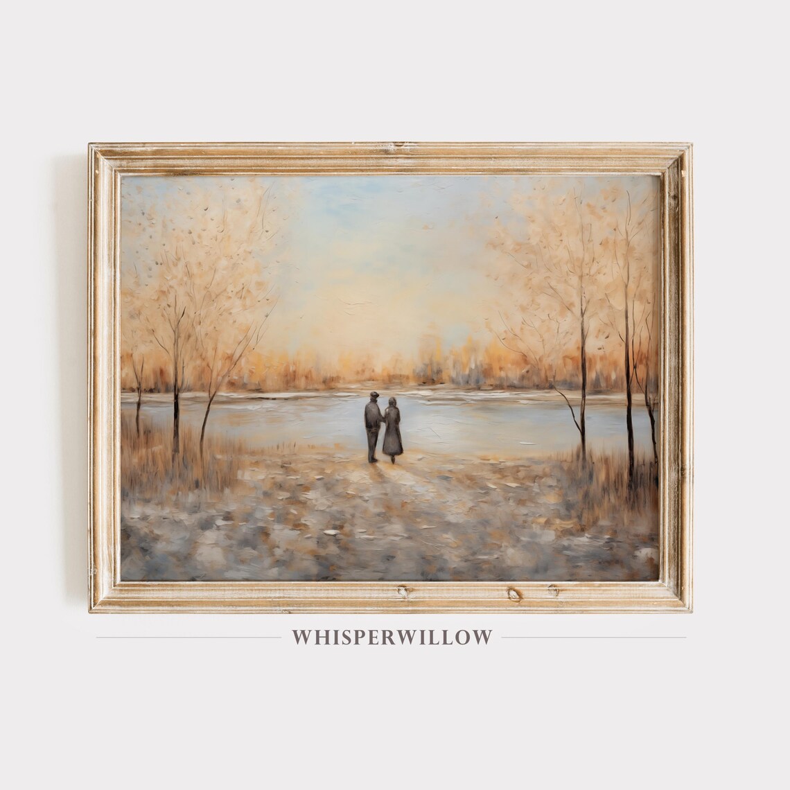 Couple Walking Beside a Calm Lake at Golden Autumn Dusk Poster