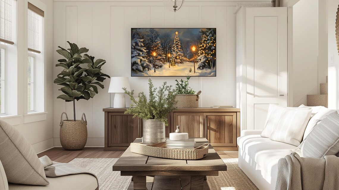 Snowy Winter Christmas Lights Painting, Holiday Decor - Image 3