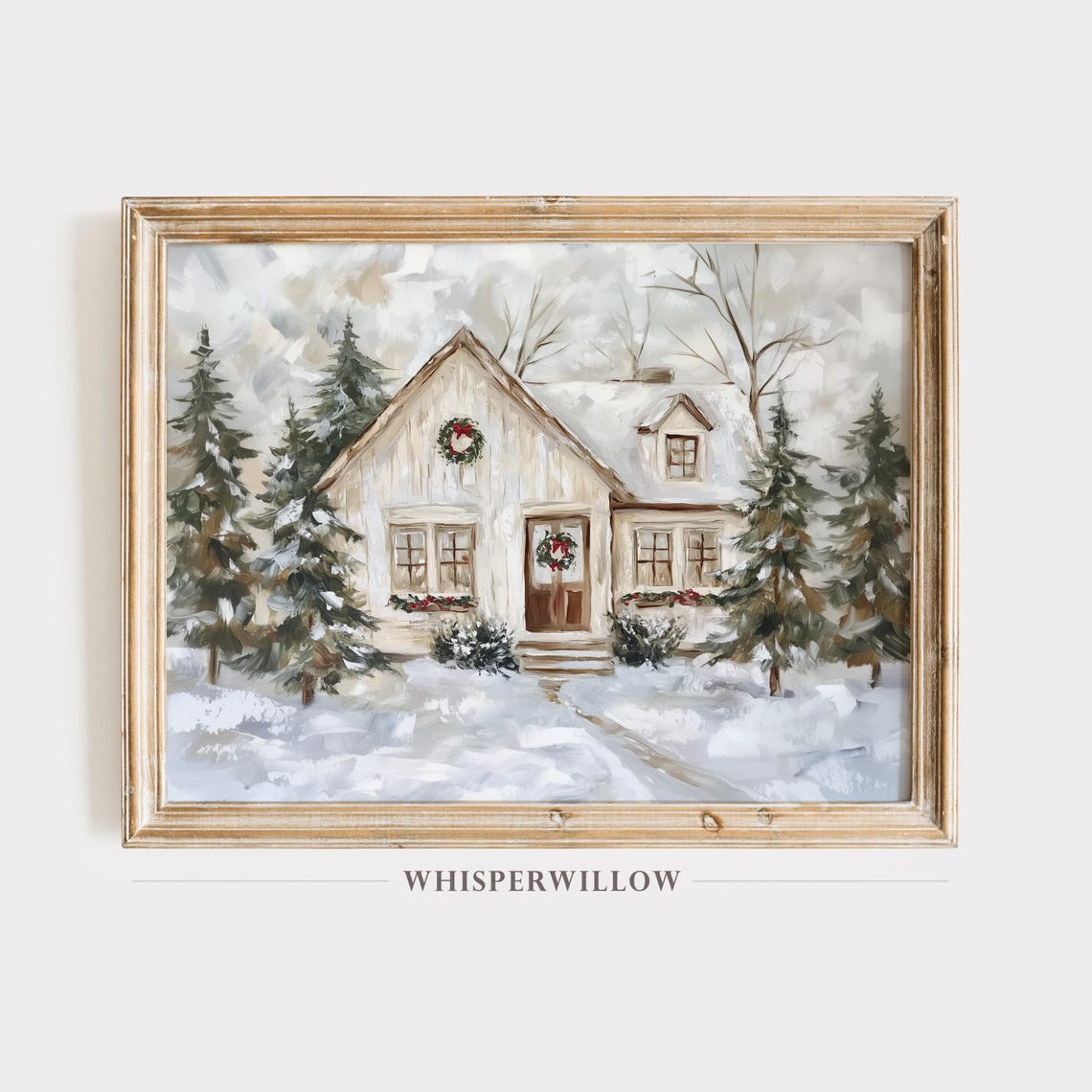 Cozy White Christmas Cottage with Wreaths in Soft Snow Poster