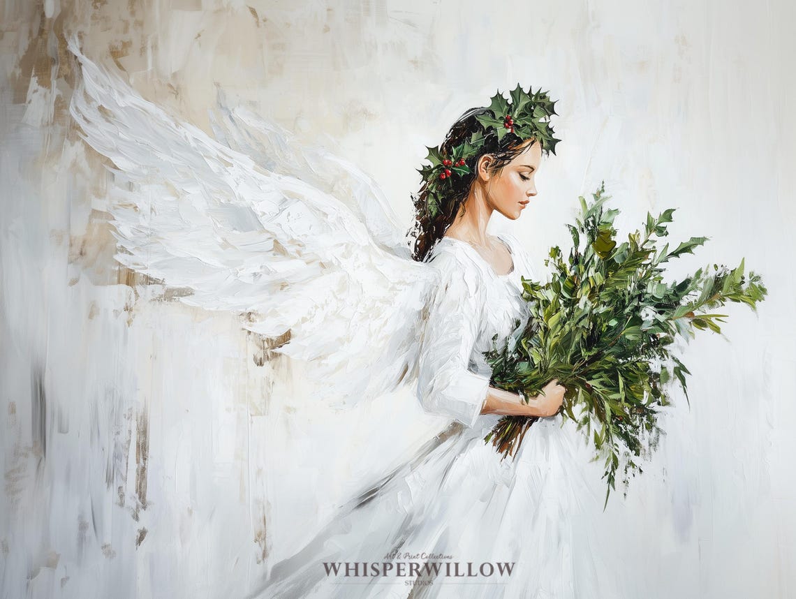 Christmas Angel in White Gown Carrying Greenery Painting Poster - Image 6
