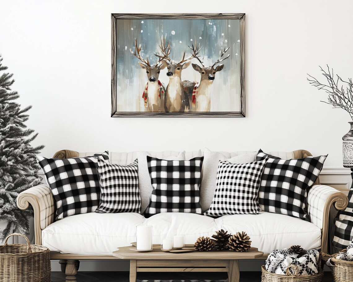 Whimsical Snowy Reindeer Plaid Scarf Holiday Print - Image 3