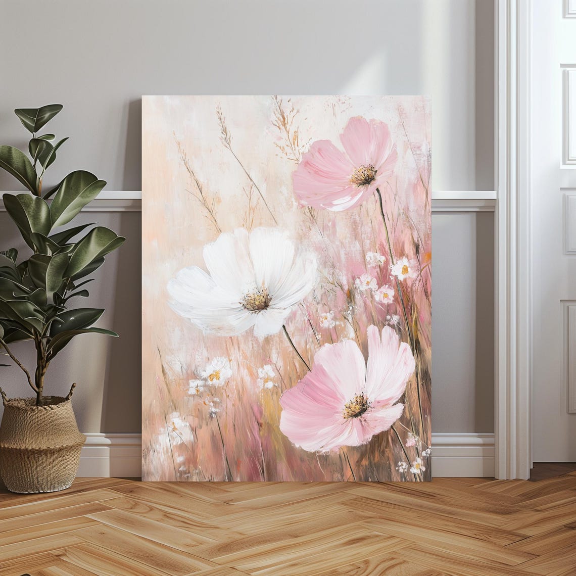 Dreamy Pink and White Cosmos Flowers Soft Floral Meadow Poster - Image 3