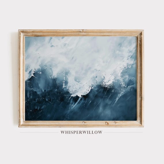 Abstract Deep Blue Waterfall Painting Modern Minimalist Art Elegant Living Dining Or Bedroom Wall Decor