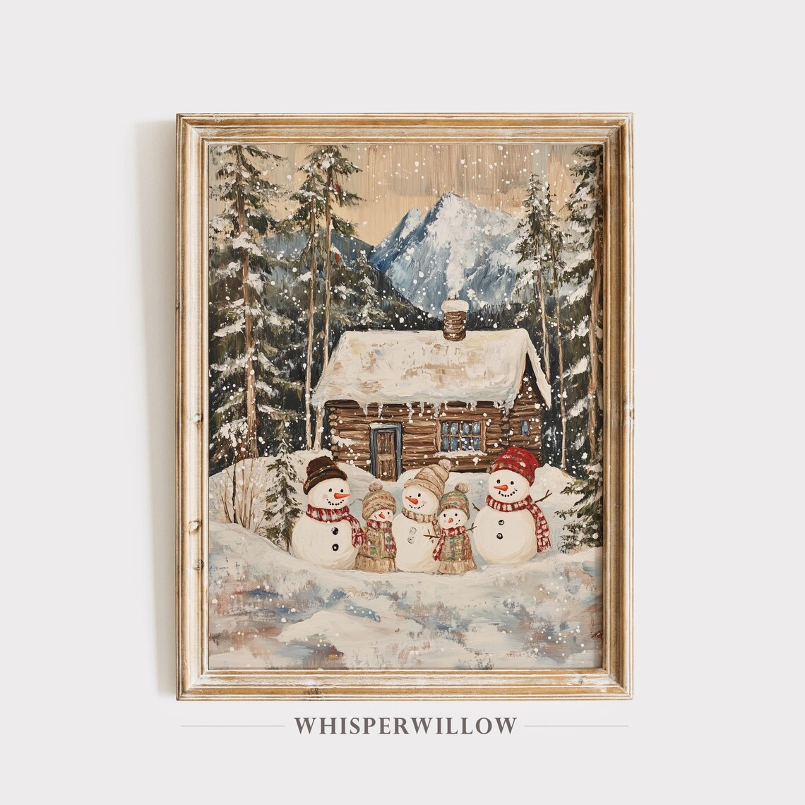 Winter Cabin Snowman Family Art Print, Holiday Landscape