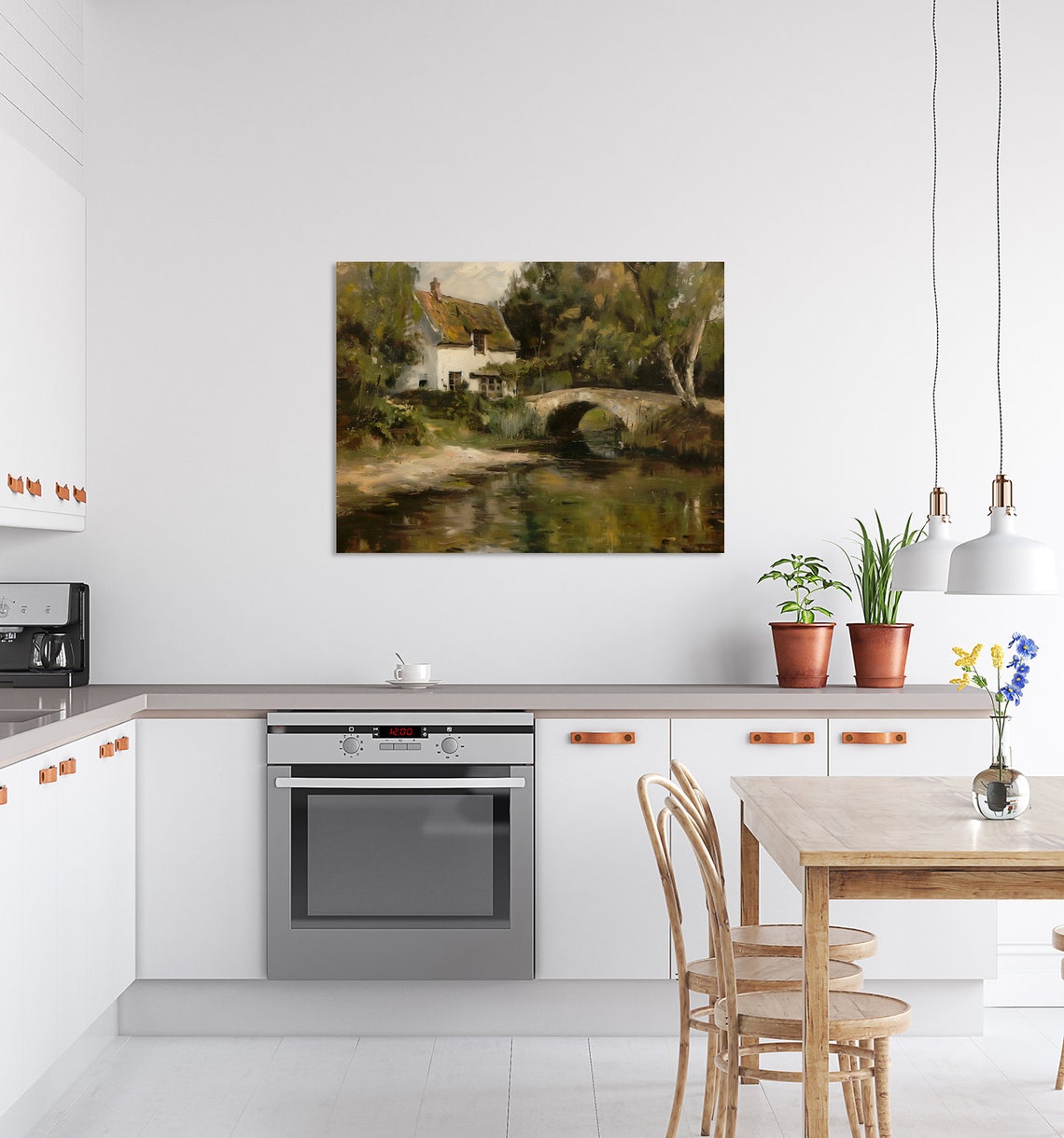 Thatched Cottage By River With Stone Bridge Vintage Landscape Poster - Image 3