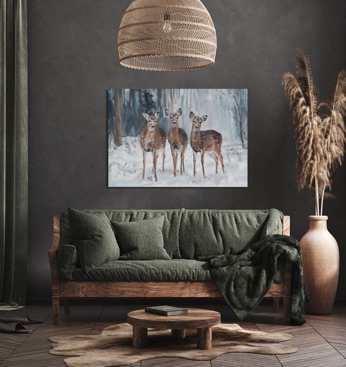 Three Deer in a Snowy Winter Forest Painterly Wildlife Poster - Image 4