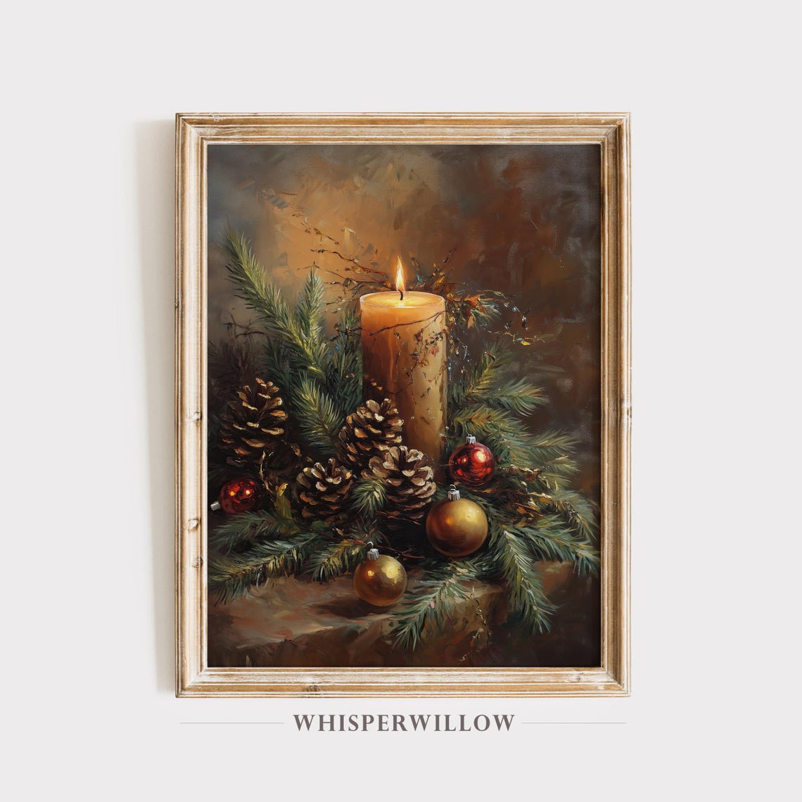 Glowing Christmas Candle with Pinecones Ornaments Still Life Poster