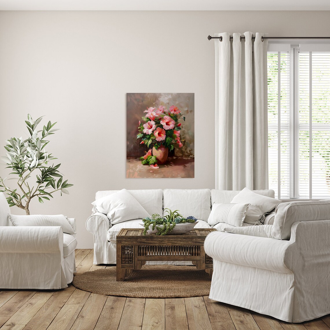 Pink Hibiscus Blooming in Vase Vintage Style Floral Painting Poster - Image 4