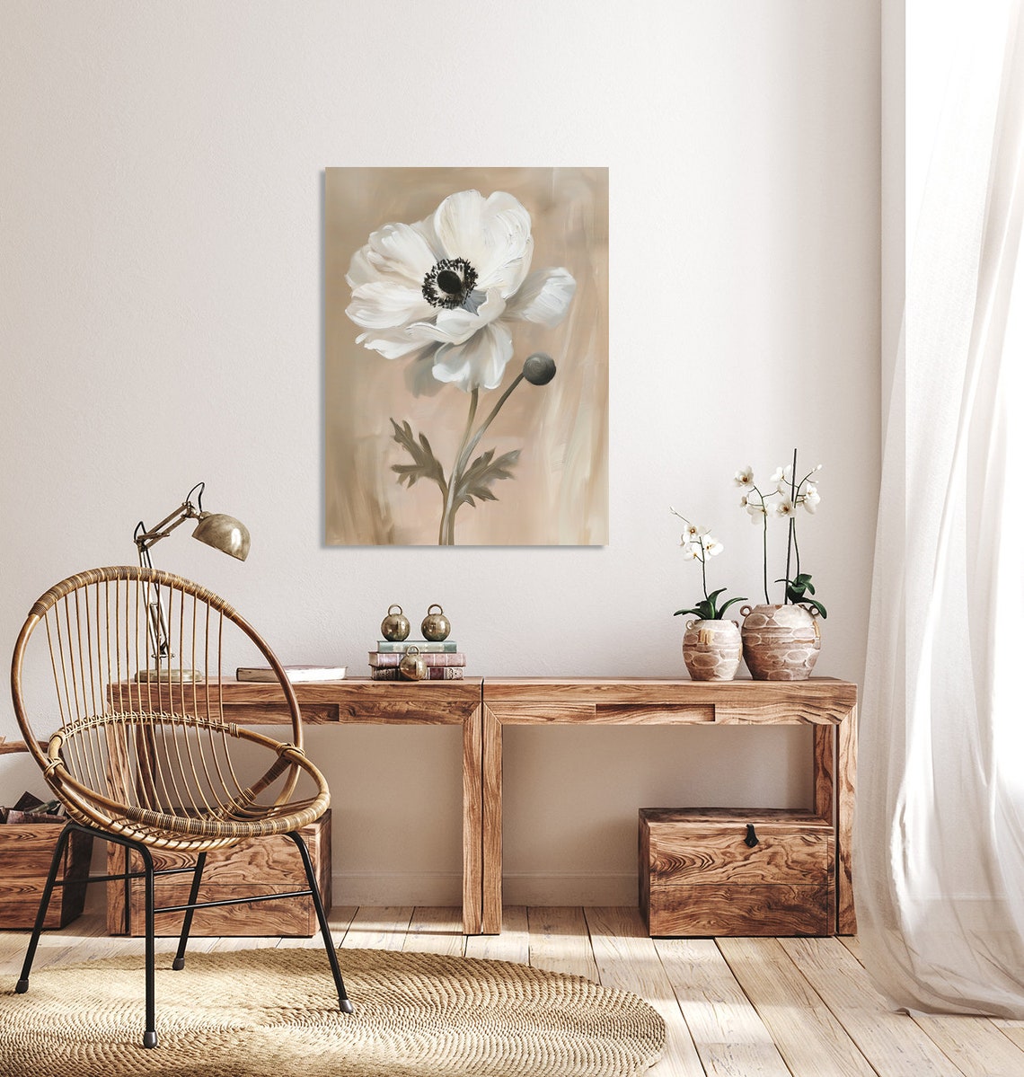 White Anemone Bloom Single Flower Still Life Painting Neutral Wall Art - Image 4