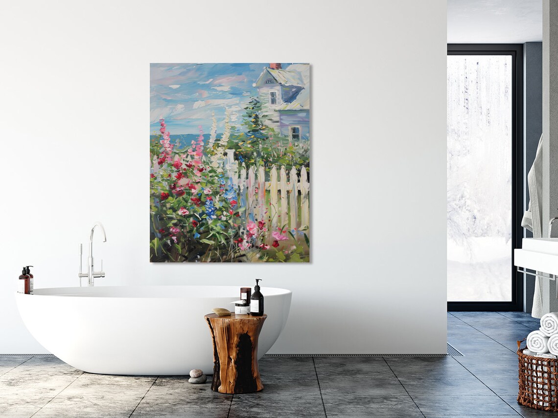 Seaside Cottage Garden With Hollyhocks And Picket Fence Art Poster - Image 5