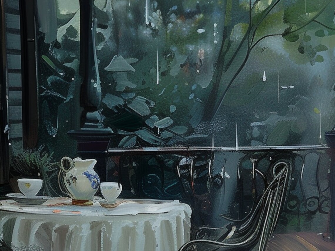 Rainy Victorian Porch Tea Table Antique Home Moody Cottage Poster - Image 6