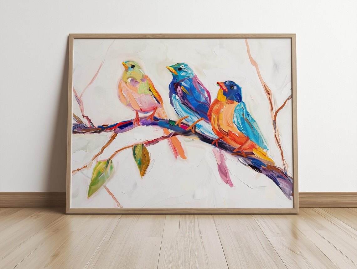 Colorful Birds On A Branch, Abstract Wildlife Art Print - Image 5