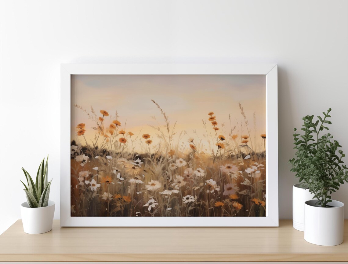White and Orange Wildflowers Sunset Meadow Painting Art Poster - Image 3