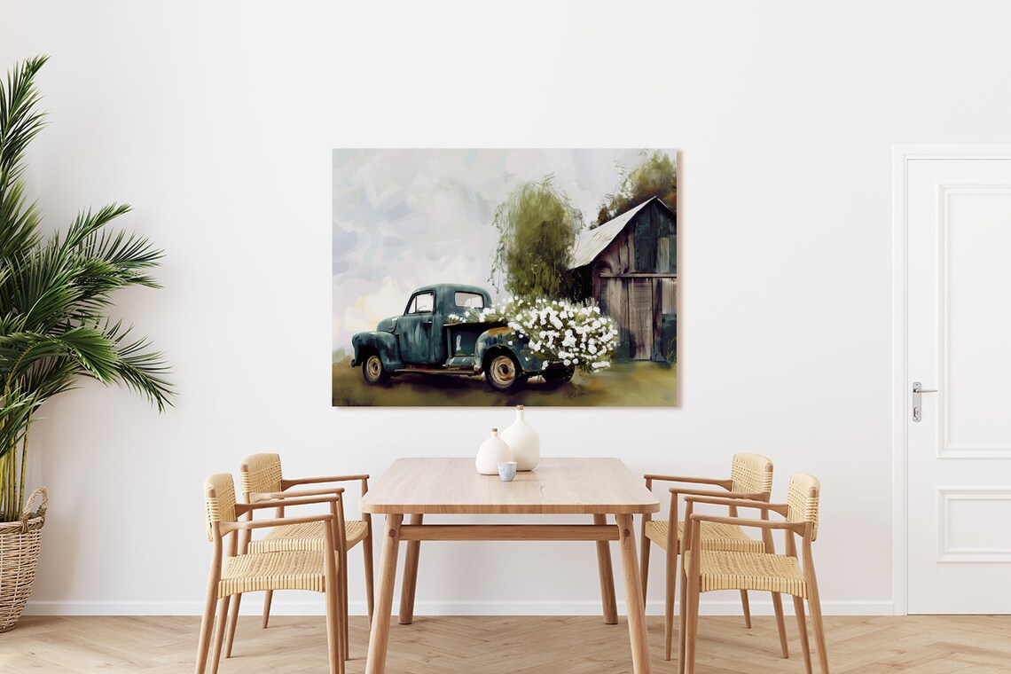 Vintage Blue Truck With Wildflowers Rustic Barn Farmhouse Art Poster - Image 3