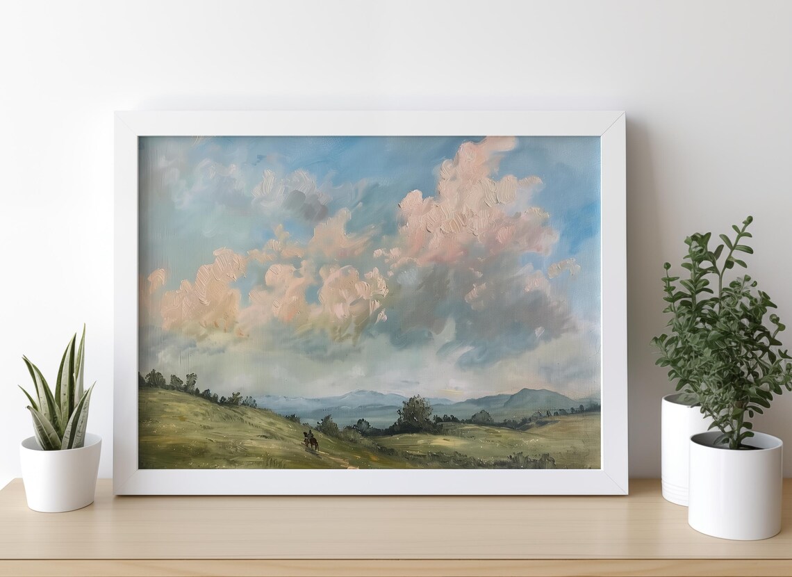 Pink Clouds Over Rolling Green Hills with Horse Rider Poster - Image 3