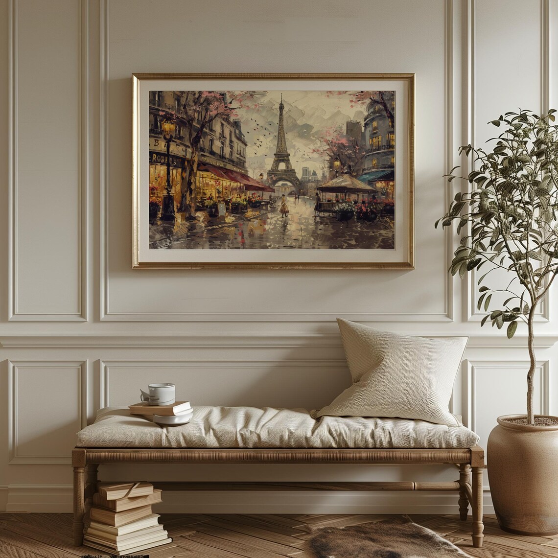 Eiffel Tower Rainy Paris Street With Cafes Romantic Cityscape Poster - Image 3
