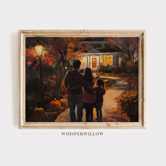 Cozy Autumn Evening Family Walk Painting Warm Fall Night Poster