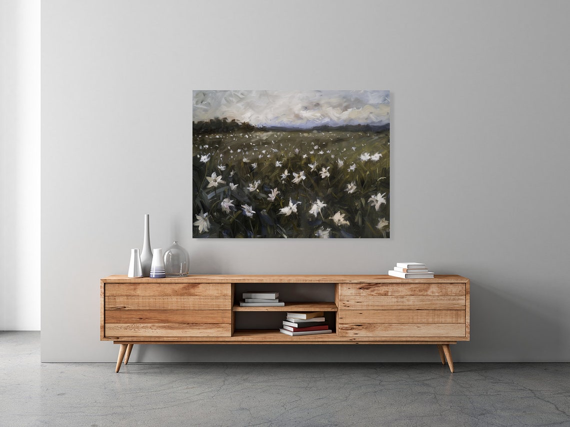 White Wildflower Field Under Cloudy Sky Moody Landscape Art Poster - Image 4