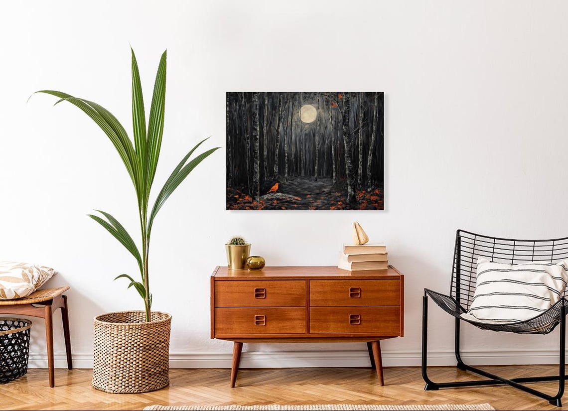 Orange Bird in Moonlit Forest Painting Full Moon Path Art Poster - Image 4
