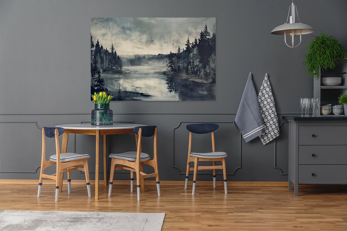Misty Forest Lake Pine Trees Gray Fog Moody Nature Art Poster - Image 5