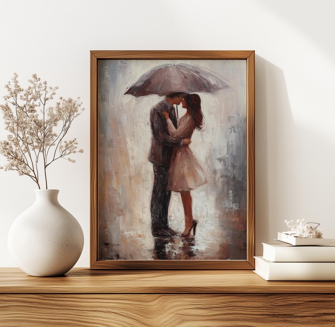 Romantic Couple Sharing an Umbrella in the Rain Oil Painting Poster - Image 5