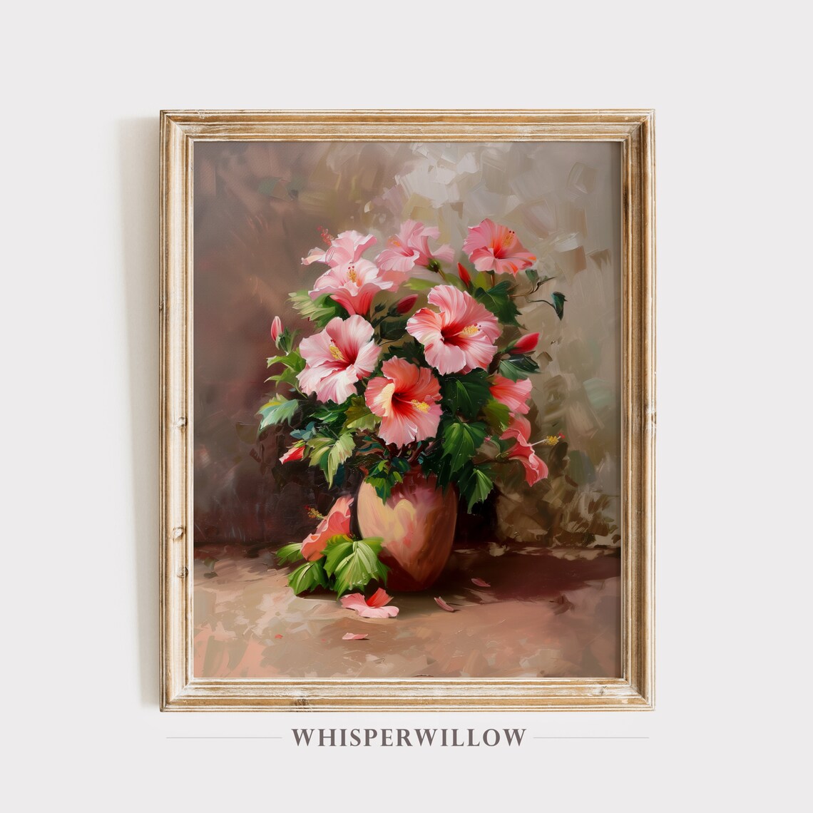 Pink Hibiscus Blooming in Vase Vintage Style Floral Painting Poster