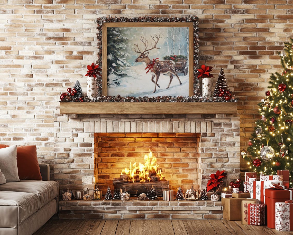 Christmas Reindeer Sleigh Cart in Snowy Birch Woods Winter Poster - Image 3
