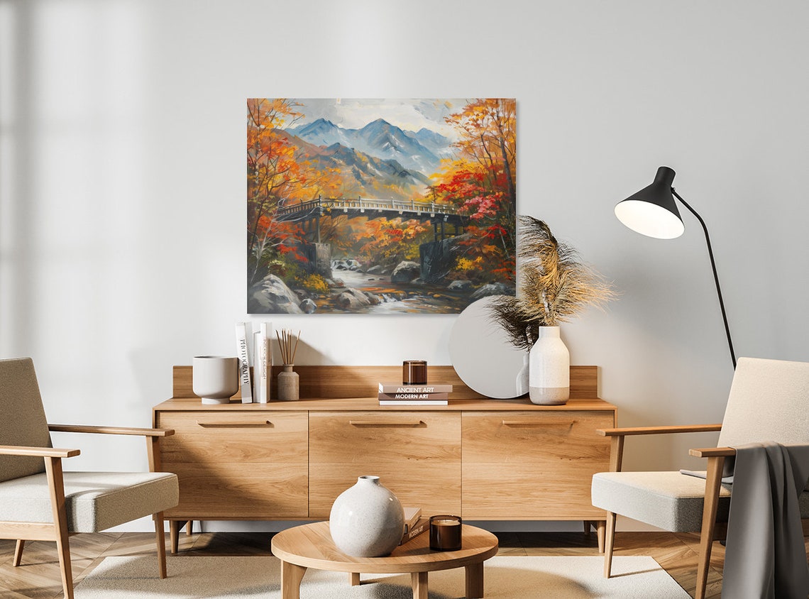 Bridge Mountain Landscape Painting Fall Colors River Scene Poster - Image 2