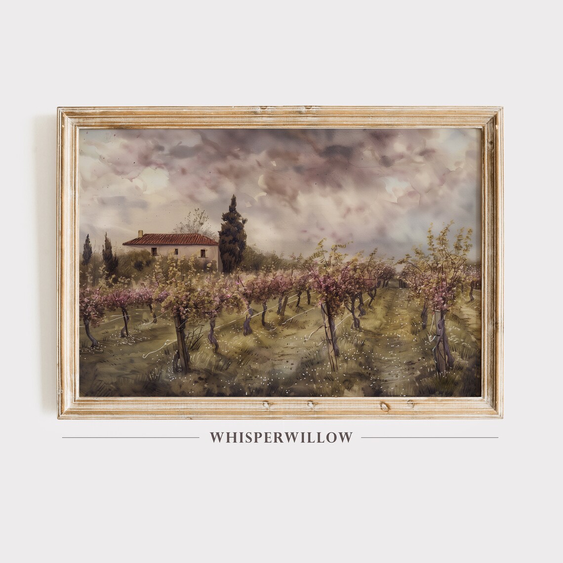 Rustic Italian Farmhouse with Vineyard Under a Stormy Sky Poster