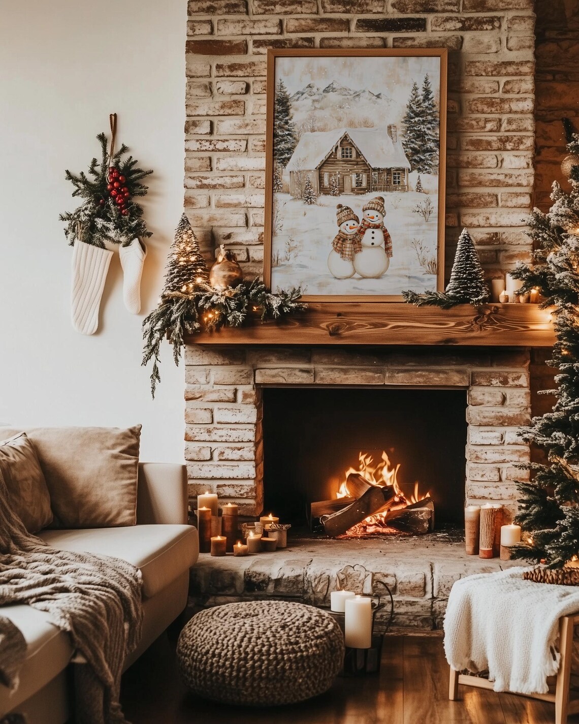 Two Cheerful Snowmen by a Snowy Cabin with Plaid Scarves Poster - Image 3