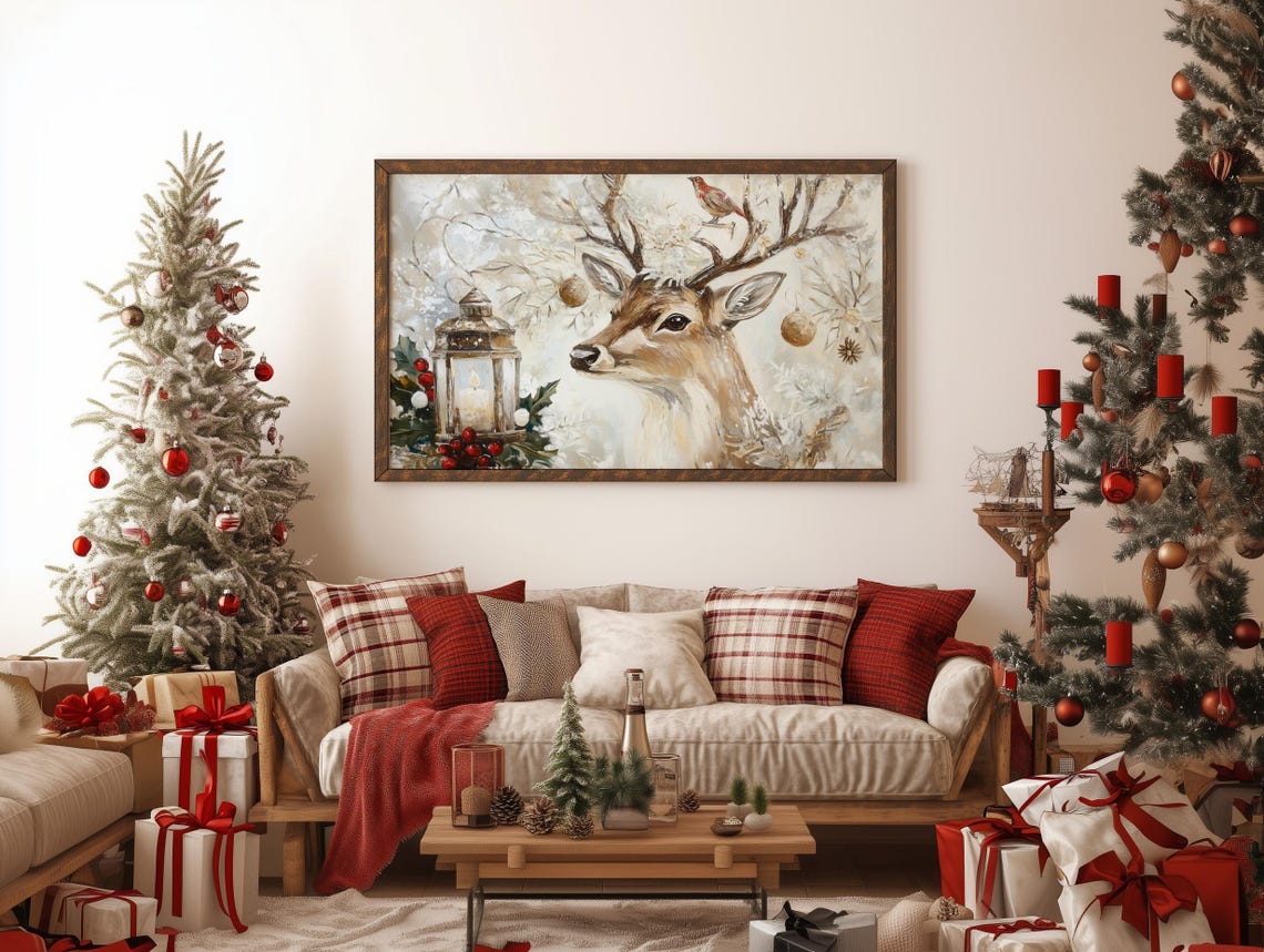 Christmas Deer Portrait with Lantern Holly and Bird Snow Poster - Image 2
