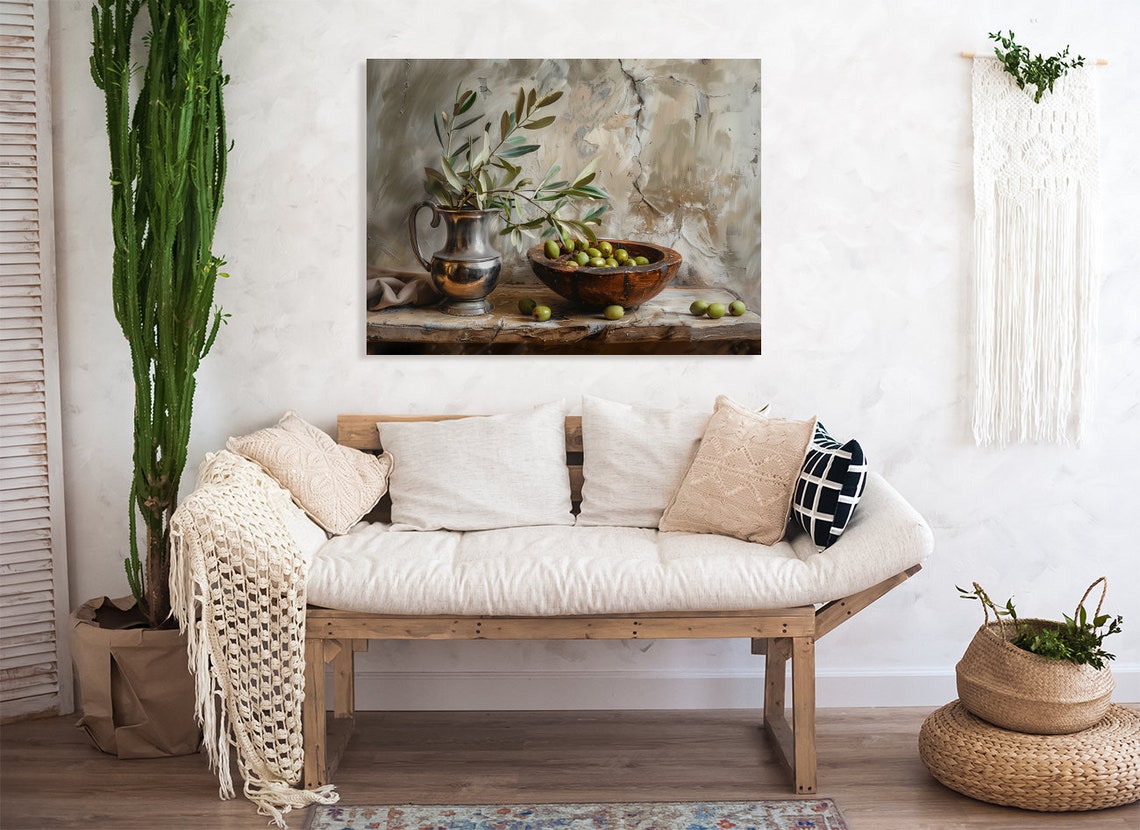 Olive Branches and Green Olives Rustic Still Life Painting Poster - Image 5