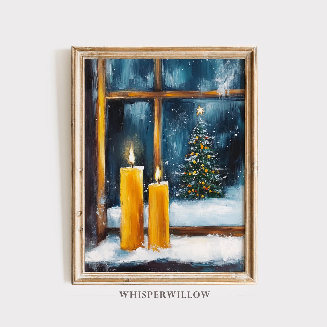 Lit Candles on a Snowy Windowsill with a Christmas Tree Poster