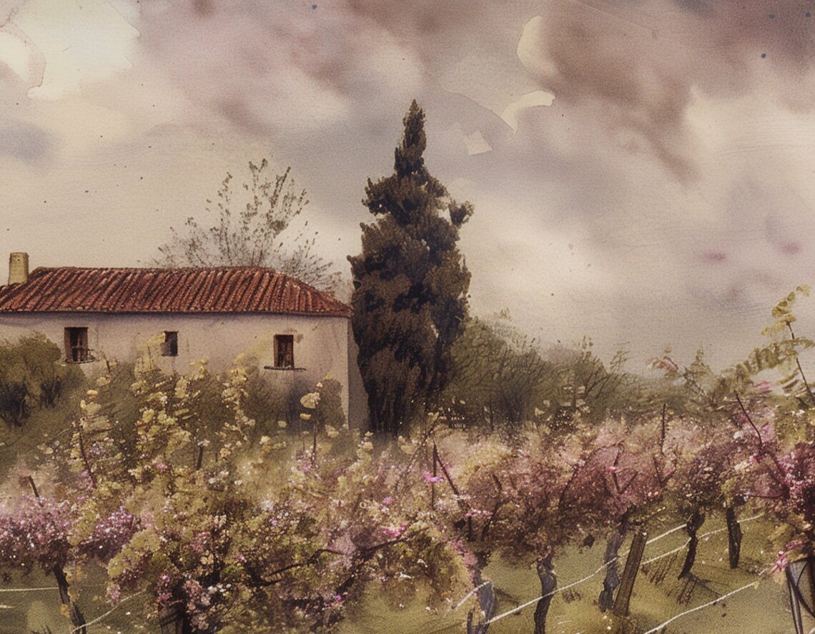 Italian Vineyard Watercolor with Farmhouse Cypress Countryside Poster - Image 6