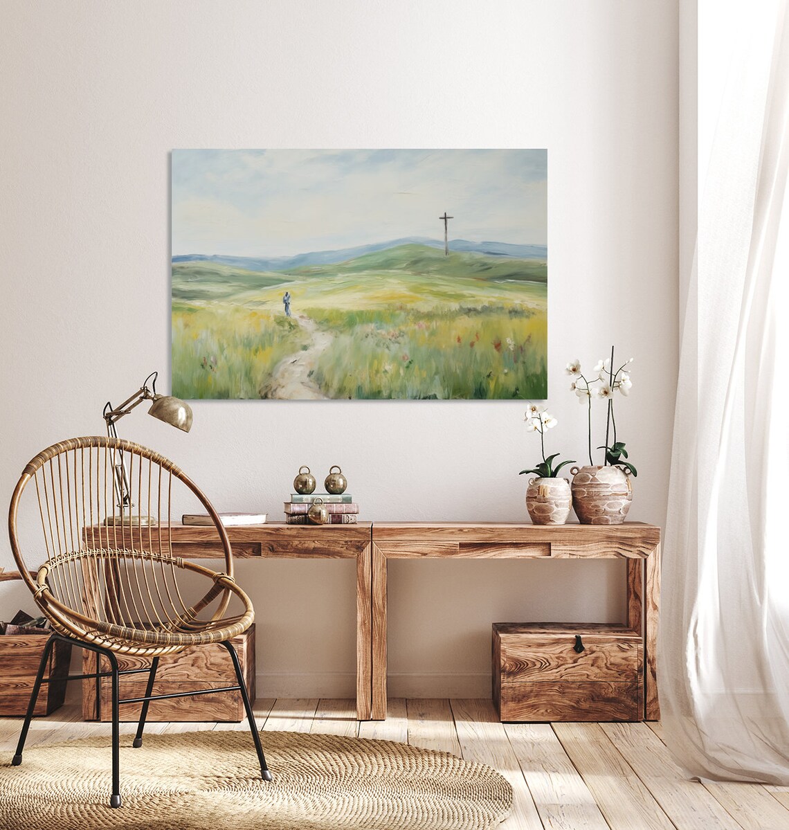 Cross on a Green Hill Christian Faith Meadow Landscape Art Poster - Image 5