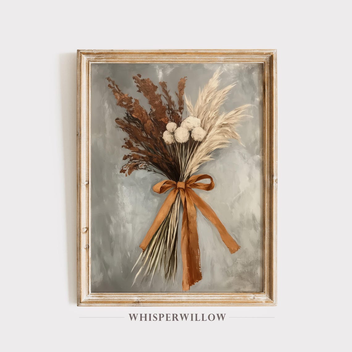Dried Pampas Grass Bouquet with Rust Ribbon Bow Vintage Poster