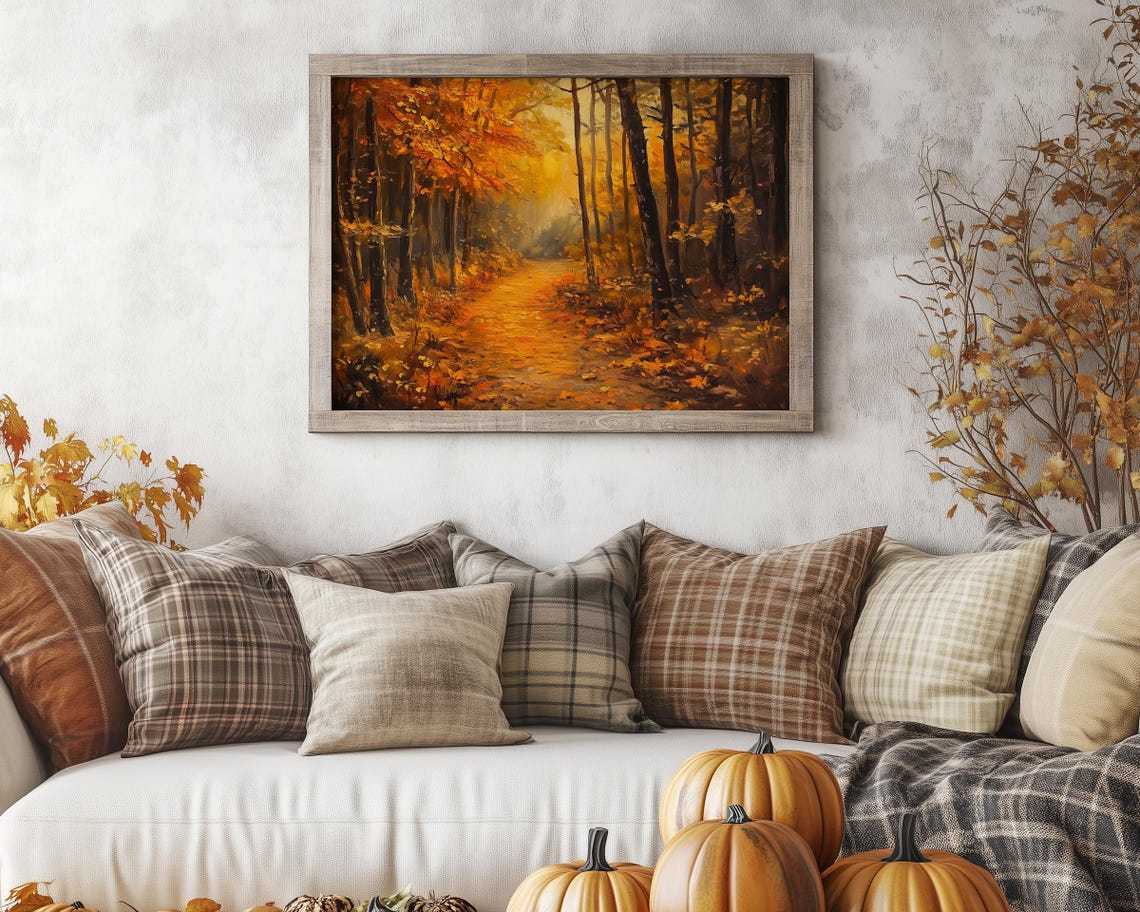 Autumn Orange Glow Forest Pathway Painting Golden Fall Poster - Image 3
