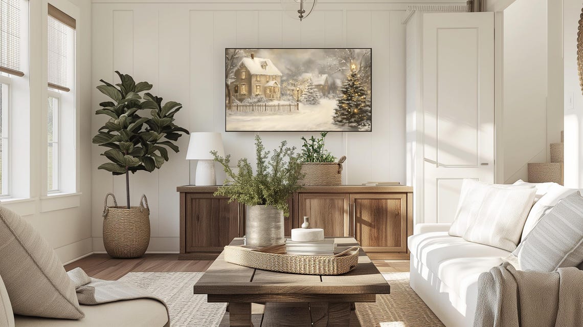 Snowy Cottage with Picket Fence and Lit Christmas Tree Night Poster - Image 3
