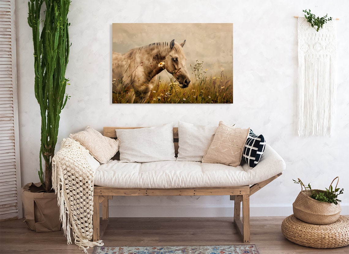 Cream Horse Grazing in Wildflower Meadow Vintage Style Poster - Image 2
