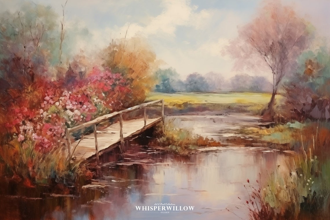 Wooden Footbridge Over Reflecting Pond Autumn Garden Vintage Poster - Image 6