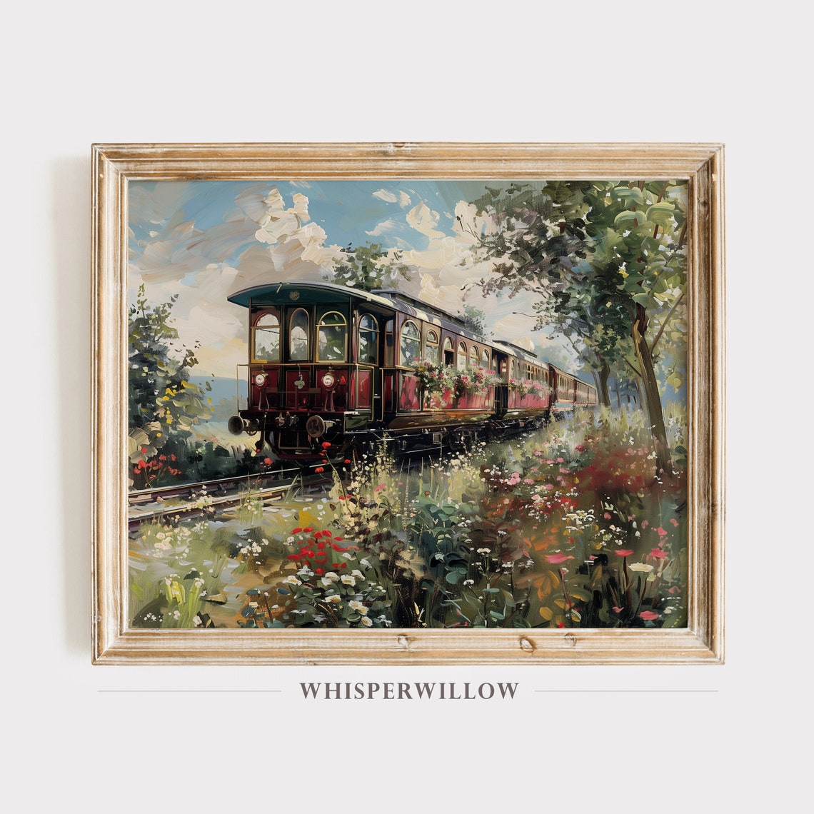 Red Vintage Passenger Train Through Wildflower Field Summer Poster