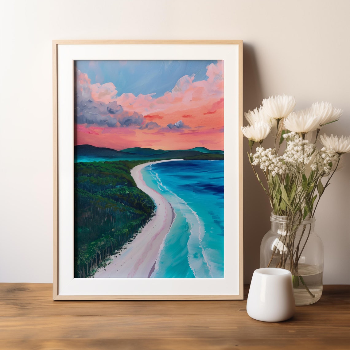Curved Tropical Beach Sunset Painting Turquoise Ocean Pink Sky Poster - Image 3