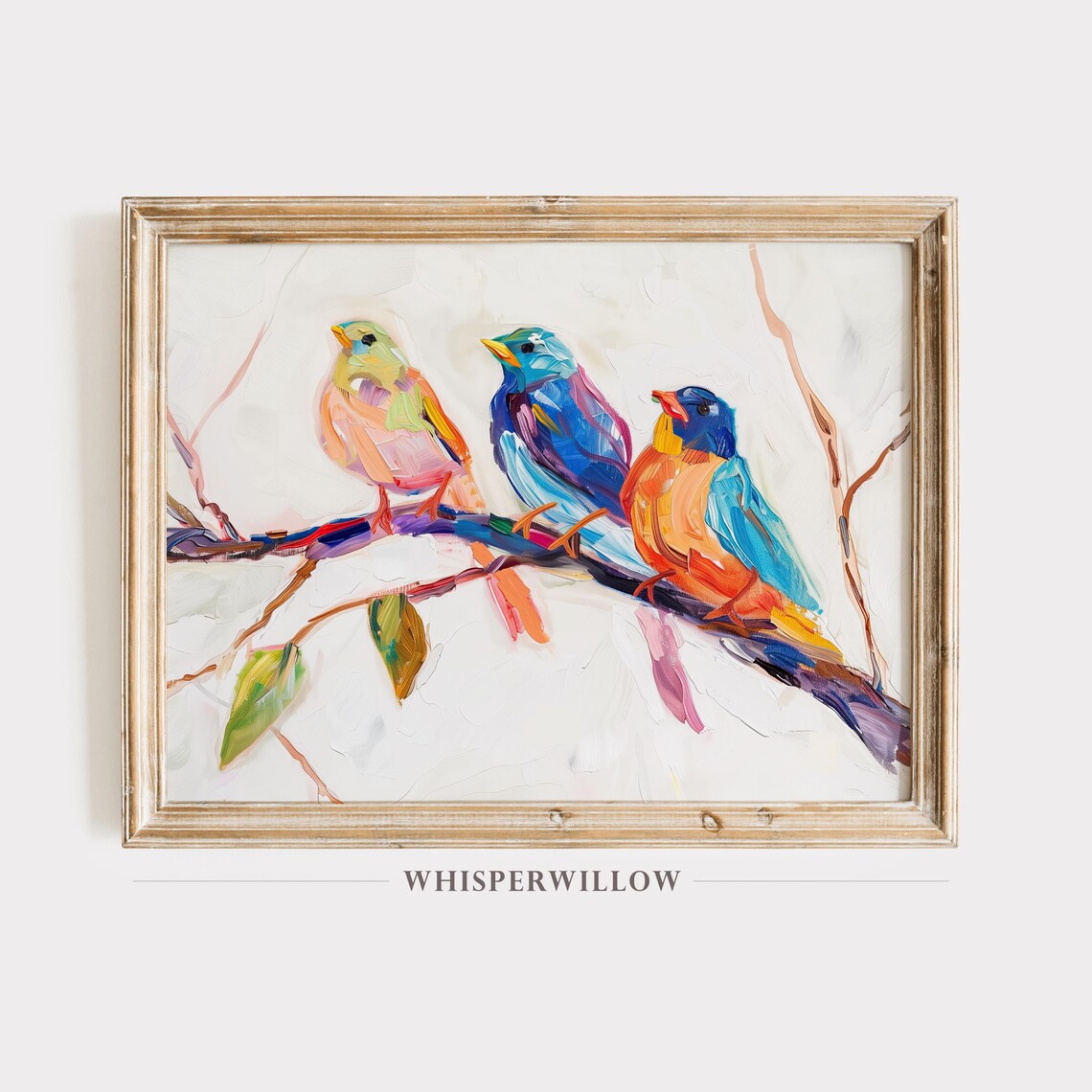 Colorful Birds On A Branch, Abstract Wildlife Art Print