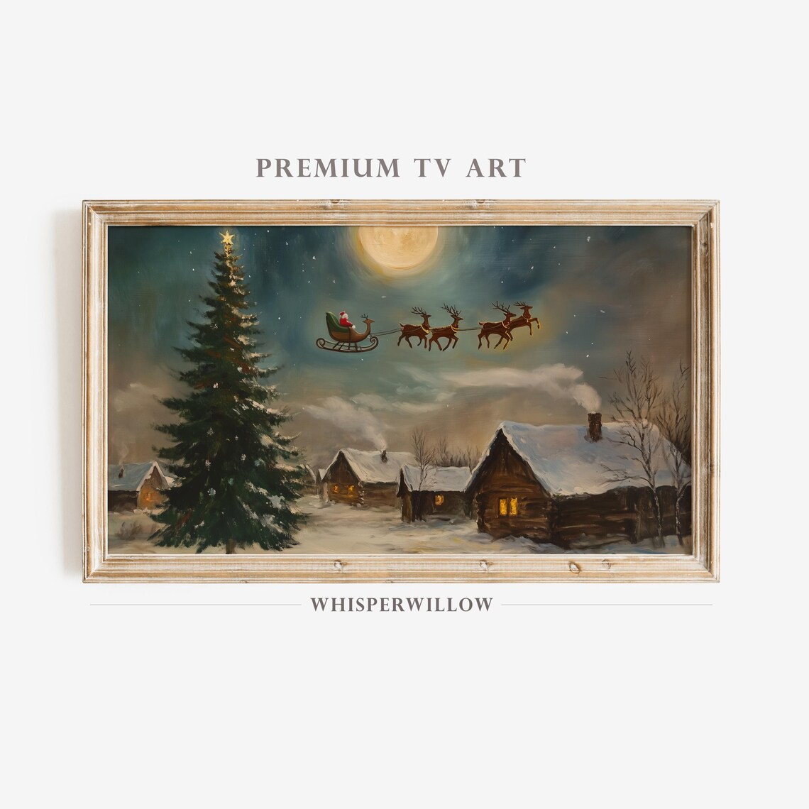Santa Sleigh Over Moonlit Village Christmas Art Print