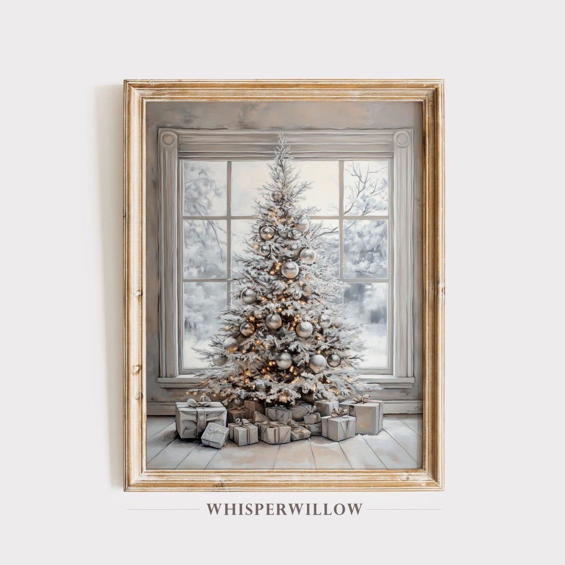 White Christmas Tree Painting Snowy Window Gift Decor Poster