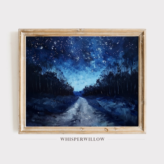 Abstract Forest Starry Night Painting Vintage Art Starry Night Sky Nature Wall Decor Instant Print