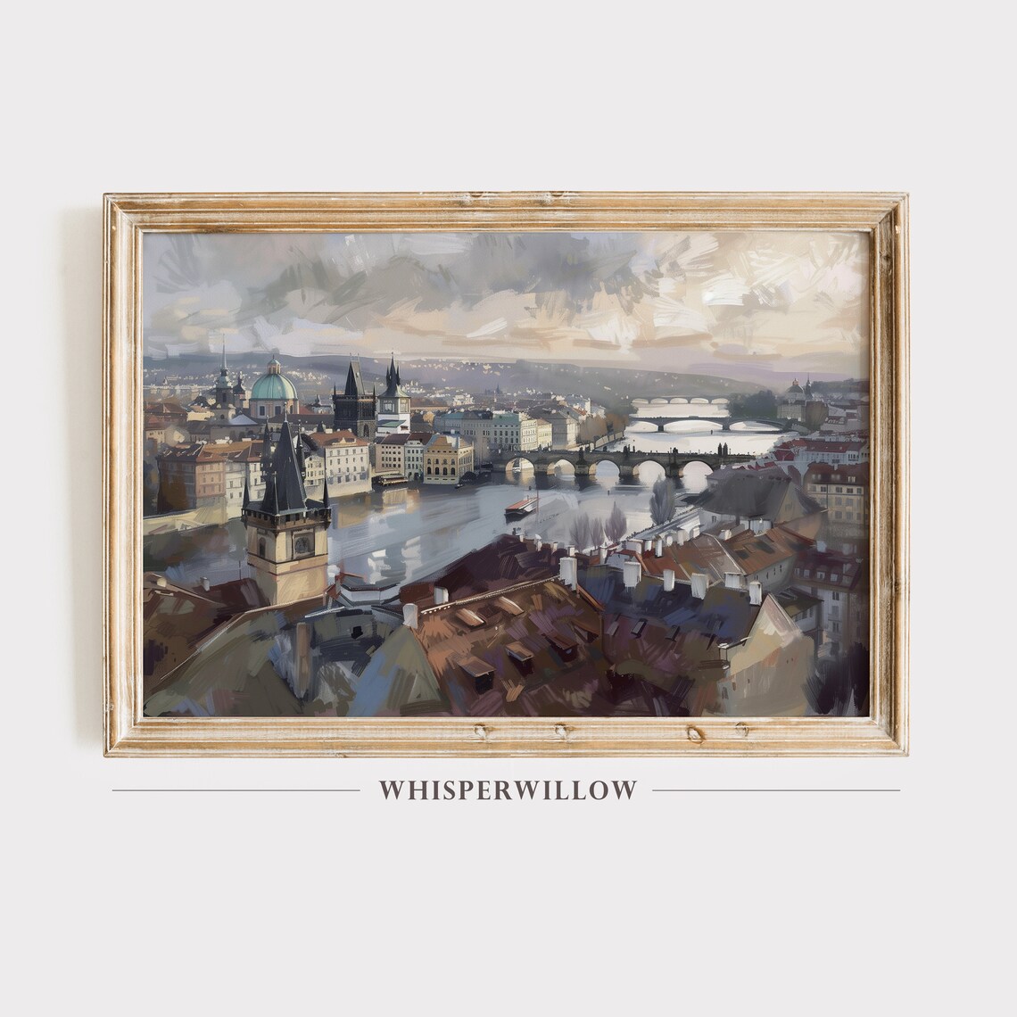 European Cityscape with River Bridges Spires Vintage Painting Poster
