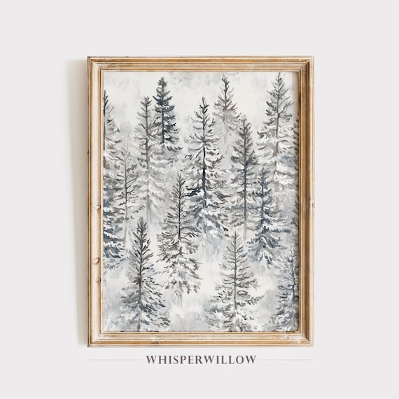 Snow Covered Pine Trees in a Blue Gray Watercolor Forest Poster
