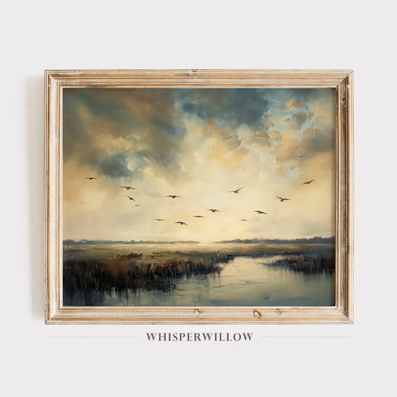 Gloomy Marsh Vintage Landscape Art Print, Rustic Farmhouse