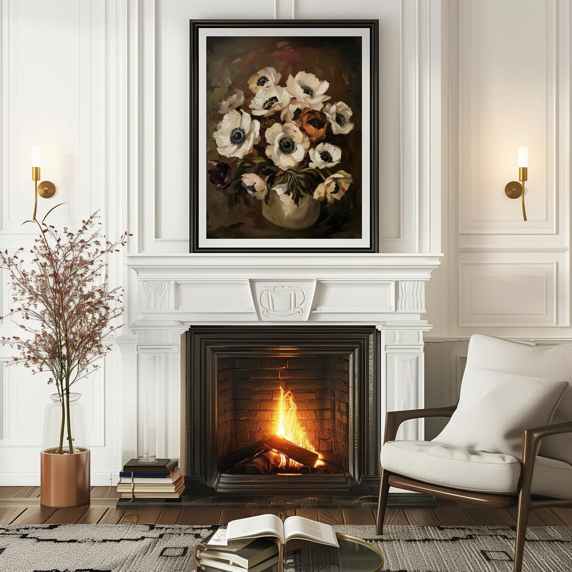 White Anemone Bouquet In Vase Dark Moody Floral Oil Painting Poster - Image 5